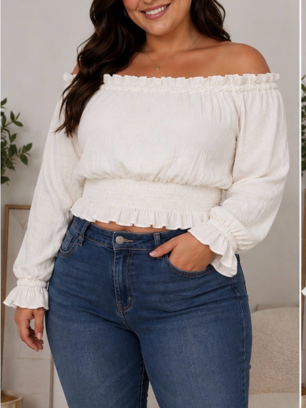 Petal & Pup Off-Shoulder Smocked crop Tunic - Cream